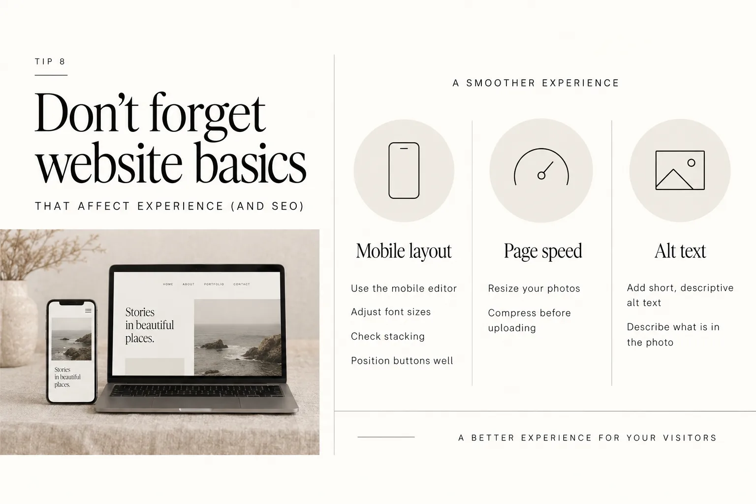 Phone and laptop displaying a website beside tips for mobile layout, page speed, and alt text
