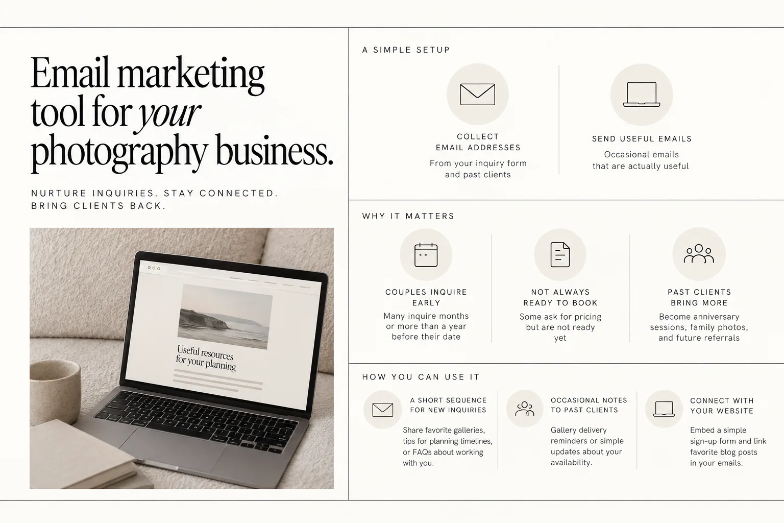 Educational graphic with a laptop photo and simple icon sections about collecting emails and sending useful messages