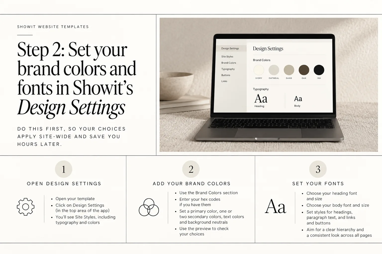 Showit design settings guide with a laptop mockup and three numbered setup steps