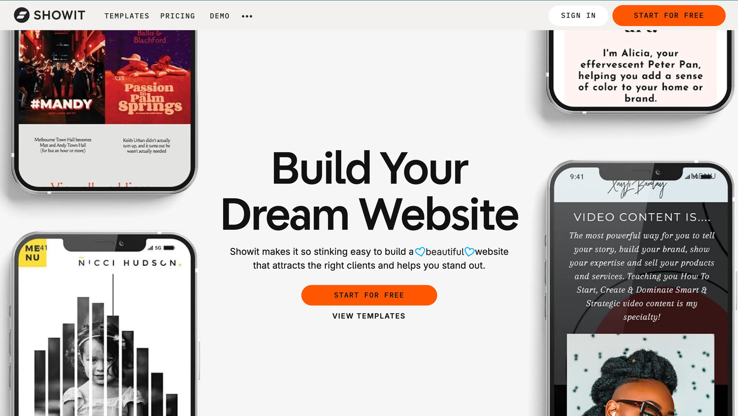 Website homepage screenshot with template mockups and the headline “Build Your Dream Website.” — tools wedding photographers