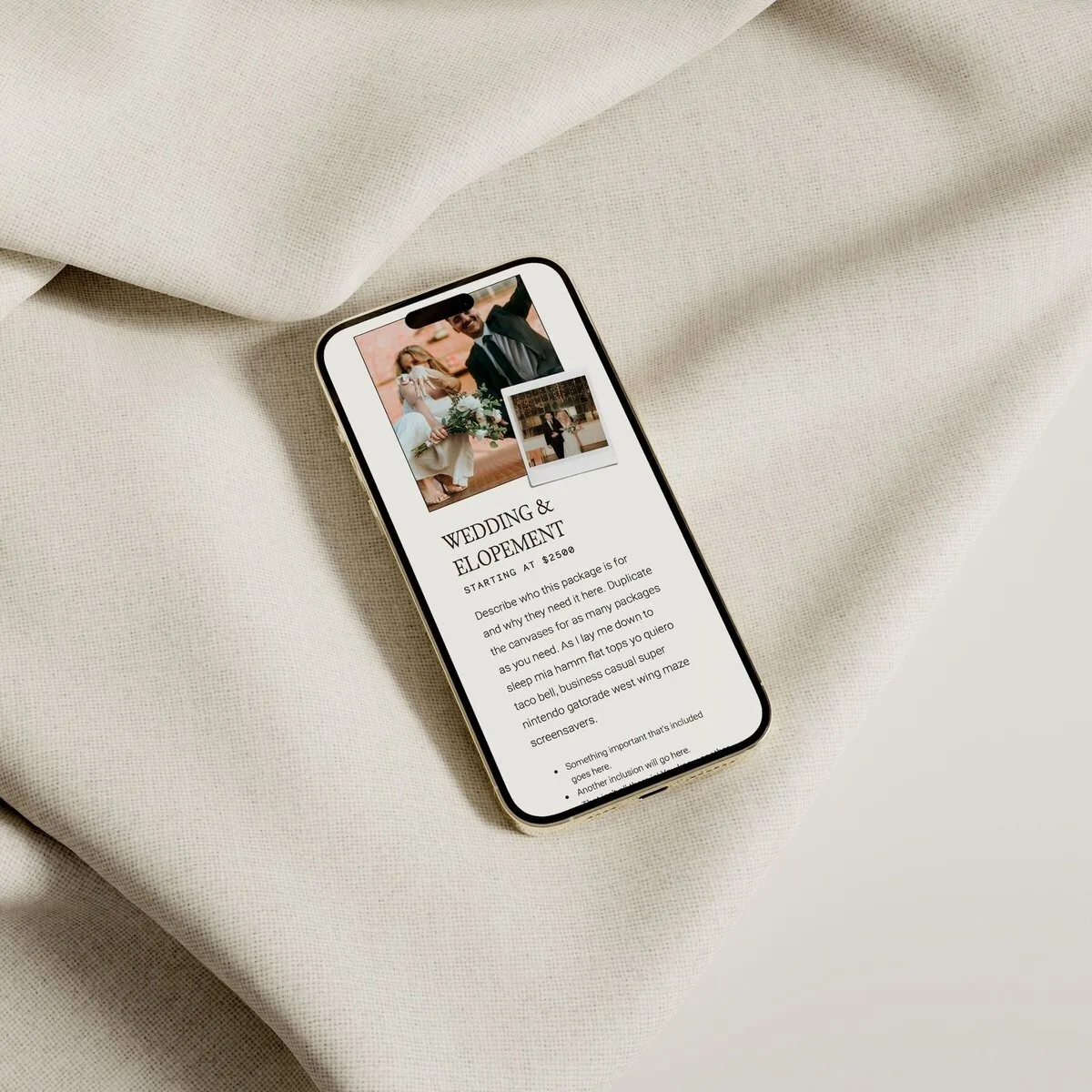 Smartphone on cream fabric showing a wedding and elopement website page.