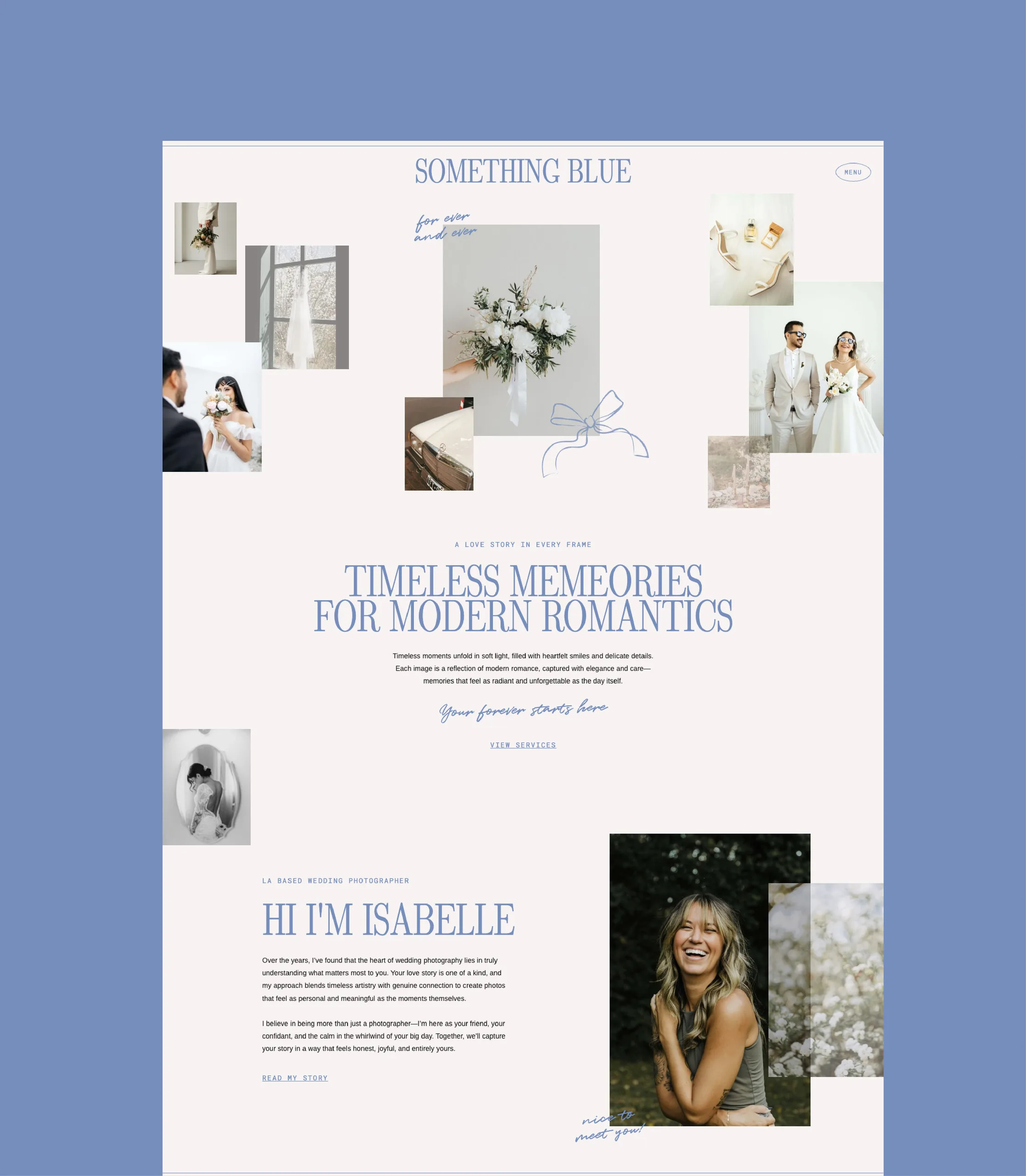 Wedding website template mockup with soft floral collages and pale blue typography.