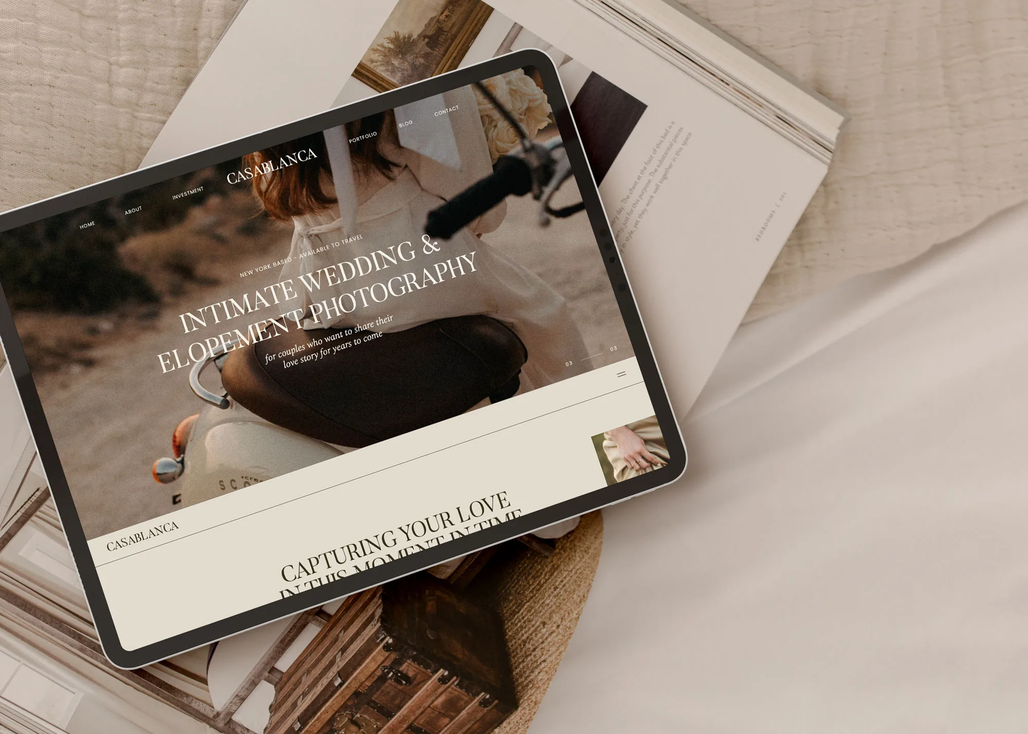 Tablet displaying a wedding photography website mockup on a neutral fabric surface. — mistakes choosing showit templates
