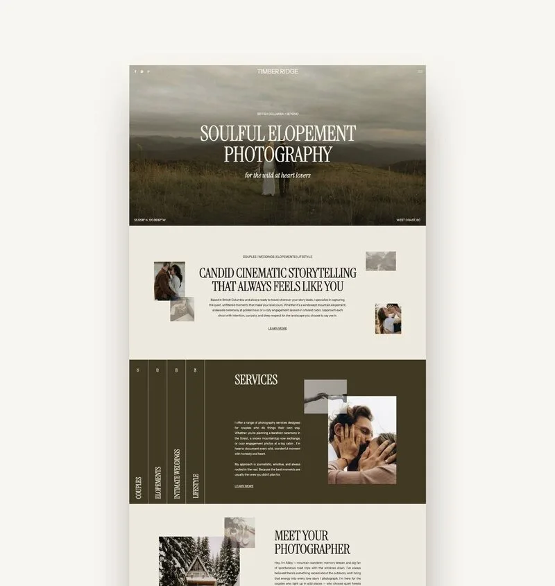 Webpage mockup for soulful elopement photography with muted landscape and service sections.