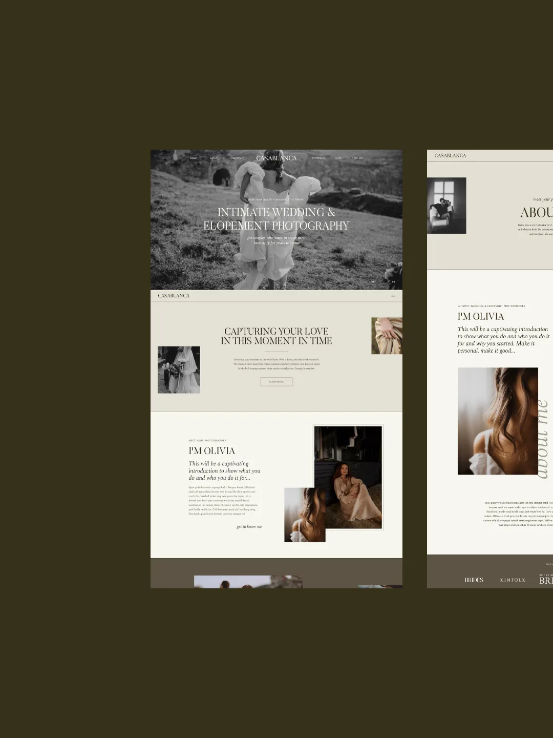 Two website template mockups on a dark olive background. — showit templates help book clients
