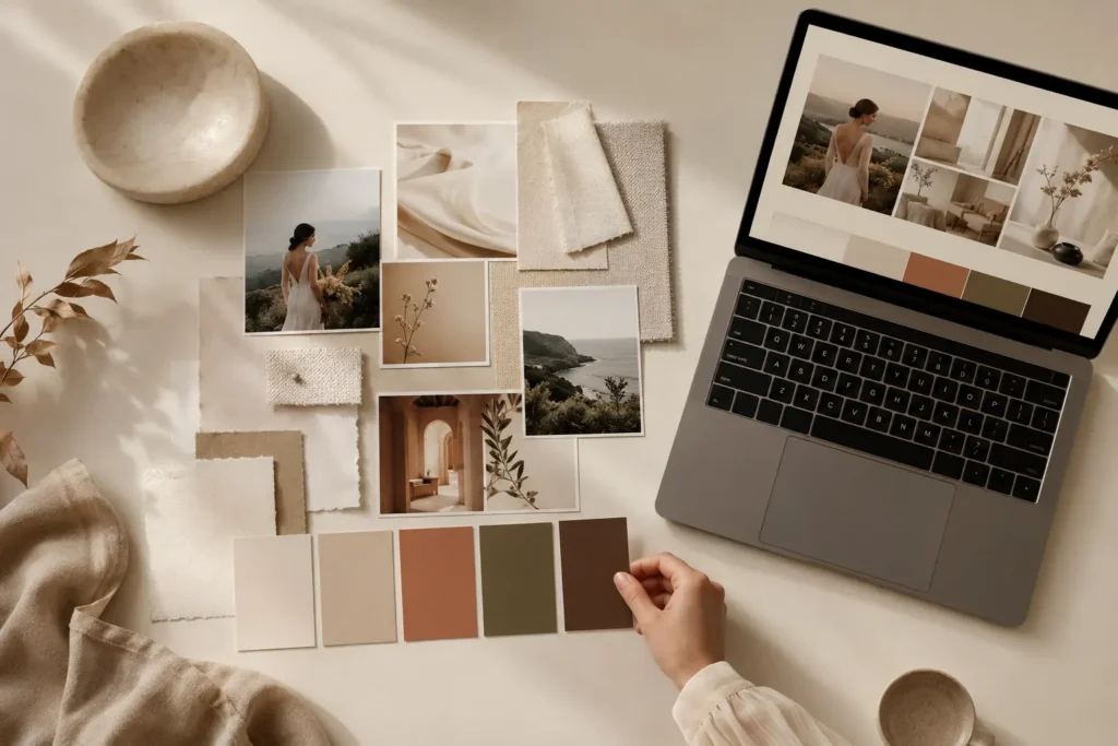 Neutral colour palette inspiration board with photographs, fabric swatches and a laptop